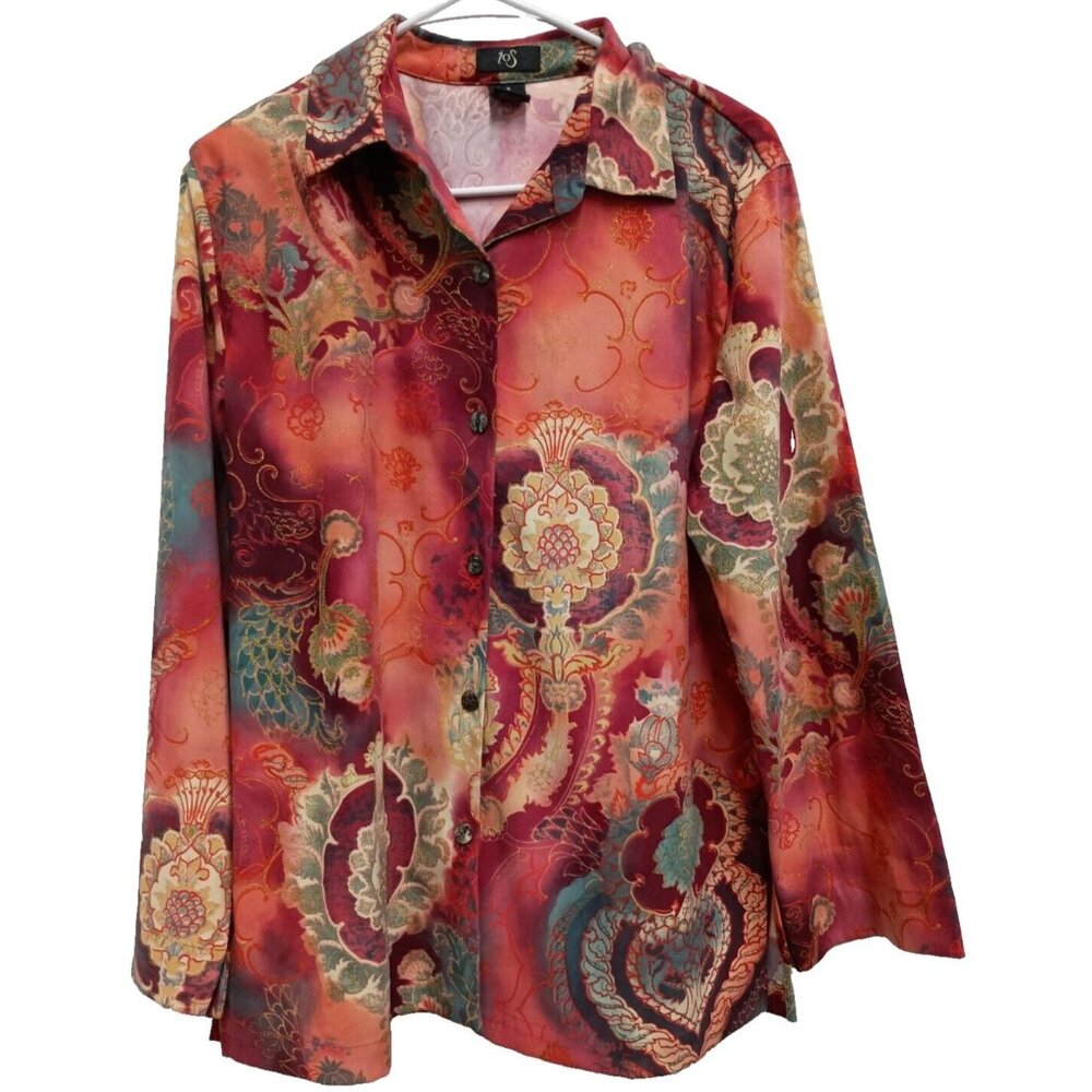VTG IOS Wearable Art BOHO Top Womens Small Floral Faux‎ Suede Abstract Button Up